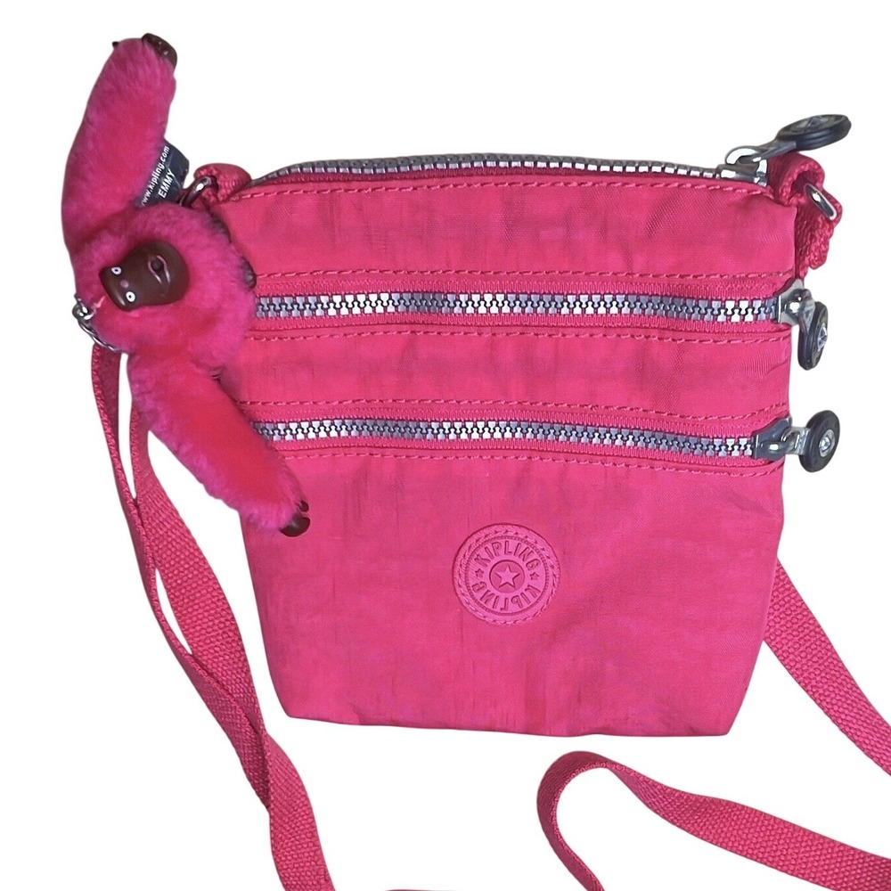 Kipling 90s Crossbody Purse Monkey‎ charm Emmy Pink Macaron Nylon Alvar Pockets
